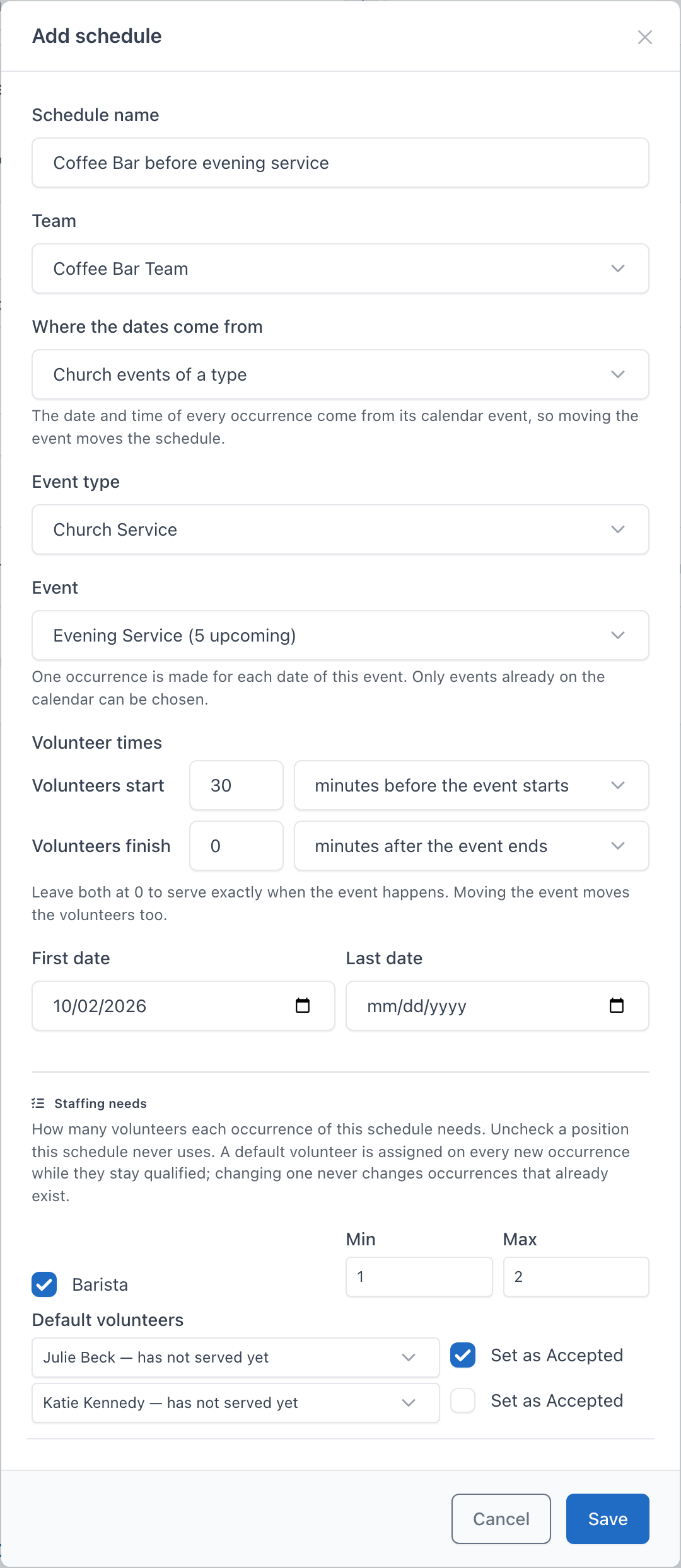 Add schedule, with two default volunteers for a position with Max 2