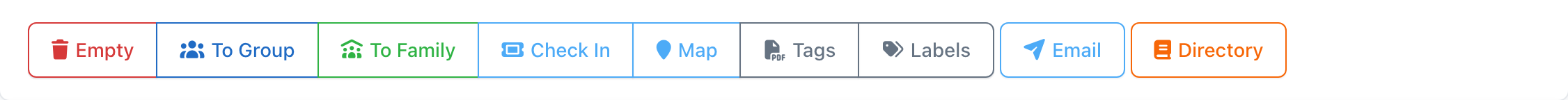 Cart Functions bar with the Empty, To Group, To Family, Check In, Map, Tags, Labels, Email and Directory buttons