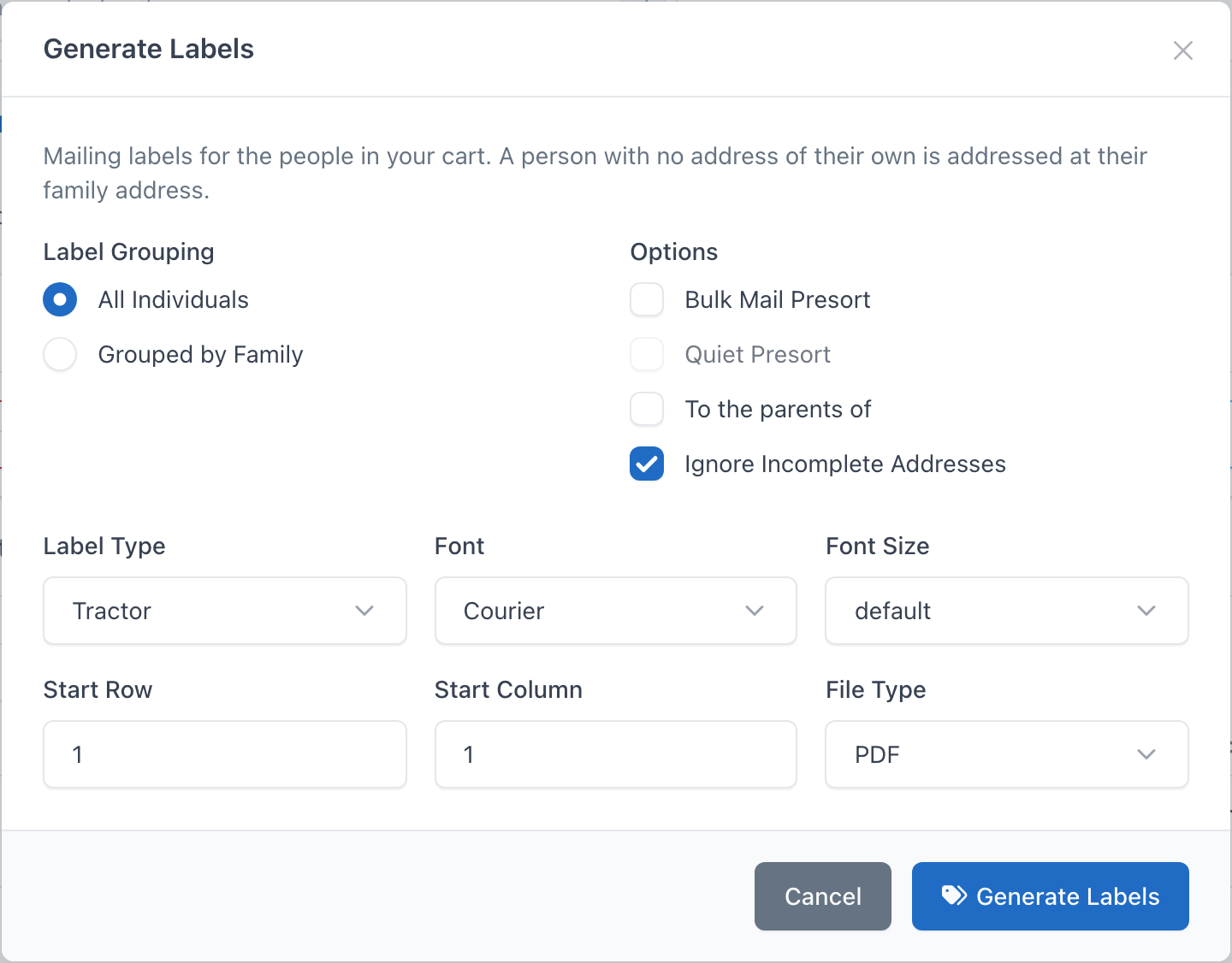 Generate Labels dialog with grouping, presort, label type, font, start row and column and file type options