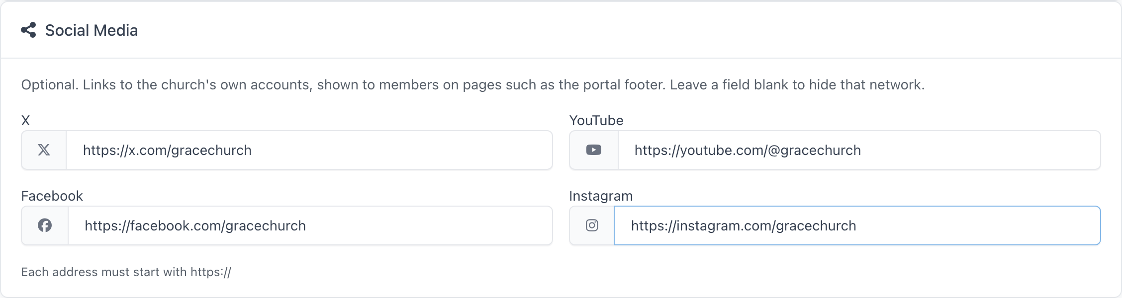 Social Media card on the Church Information page, with the four links filled in