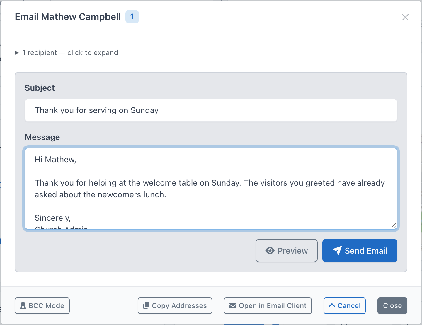 The composer with a subject, the message, and the pre-filled closing