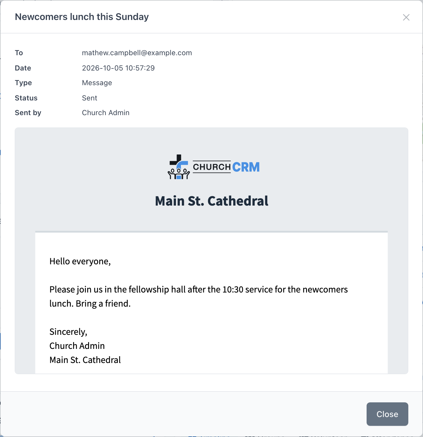 An email opened from the history, shown as it was sent
