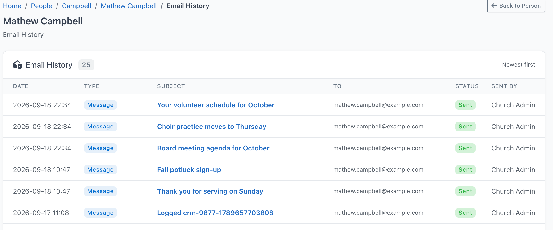 The full Email History page for a person