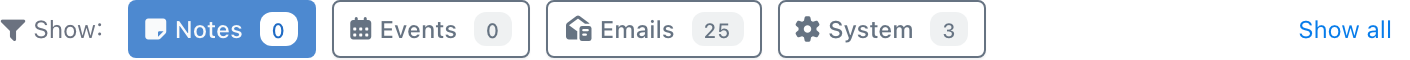 Timeline filter chips: Notes, Events, Emails, System