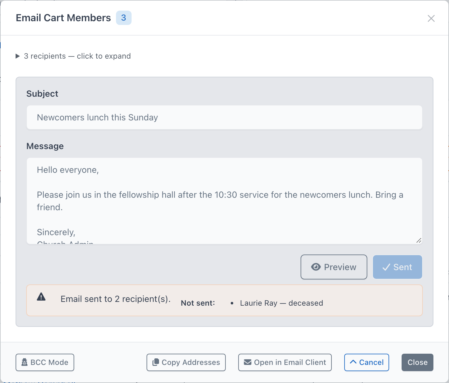 The result banner listing a recipient who was not emailed and why