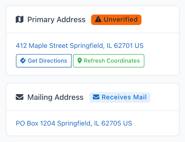 Family view: the Primary Address card and the Mailing Address card